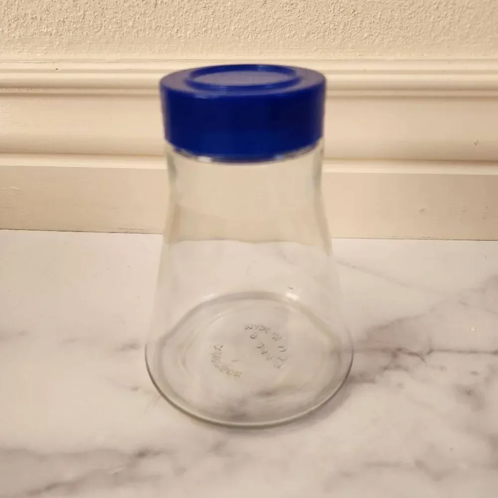 Androck 1 made USA clear glass flask blue bottle cap kitchen storage 70s vintage